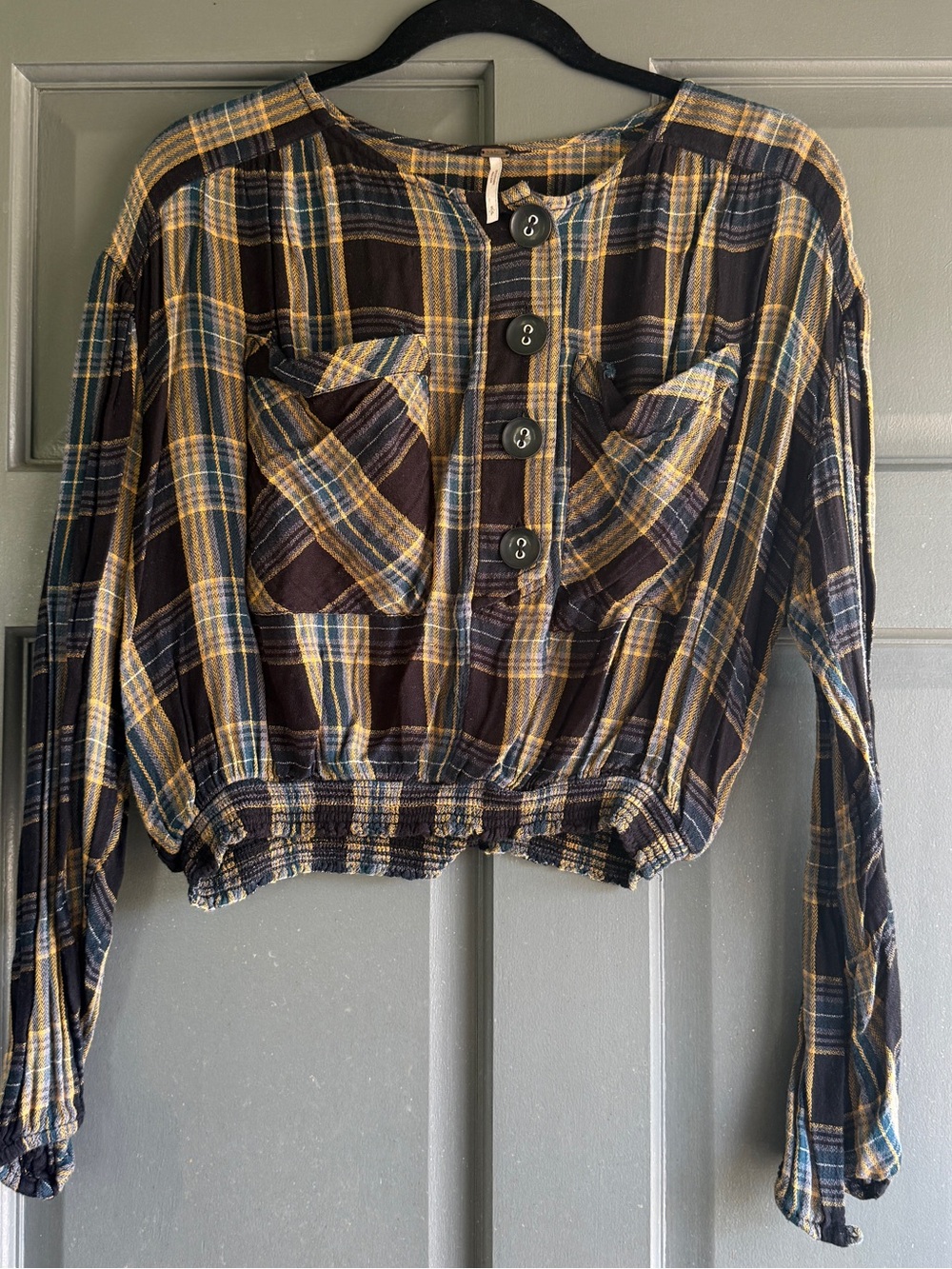 Free People Plaid Button-Front Cropped Top in Navy, Mustard, Brown